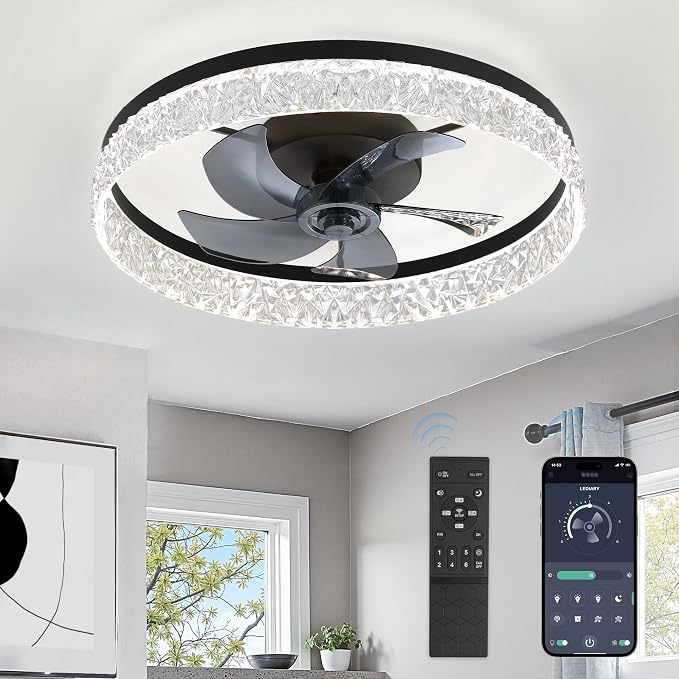 LEDIARY 22" Ceiling Fans with Lights and Remote, Fandelier Black | 3CCT, 6 Speeds, Dimmable Low Profile, Flush Mount Ceiling Fan, Timer, Reversible, Memory, Bedroom, Living Room, Kitchen
