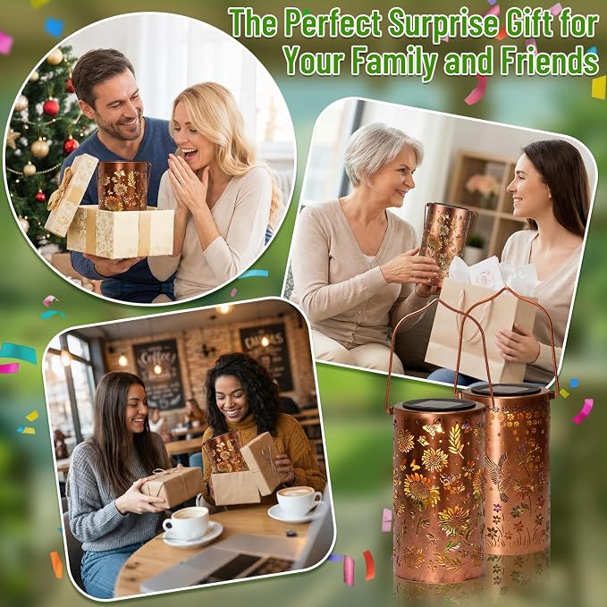 2 Pack Colorful Solar Lanterns Outdoor Waterproof, Garden Decor Gifts for Women Mom Grandma - LED Sunflower and Hummingbird Solar Powered Lights Metal Hanging Lantern for Outside Garden Patio Yard