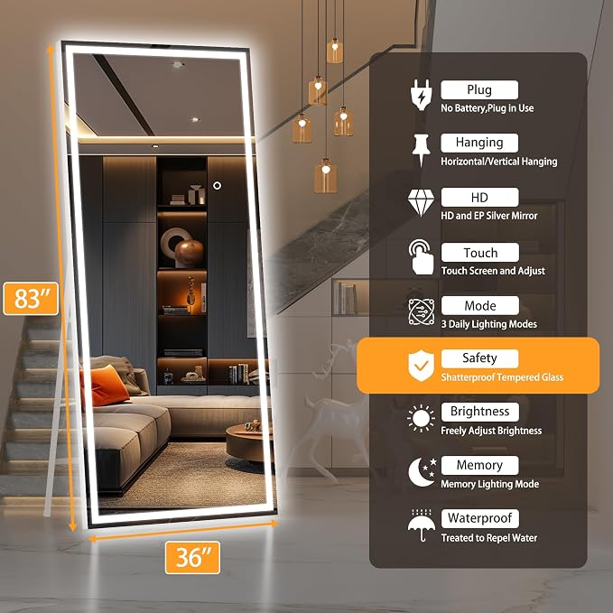 Hasipu Full Length Mirror with Lights, 83" x 36" LED Lighted Floor Standing, Full Body Dressing Hanging Mounted Mirror, Tempered Glass, Square White
