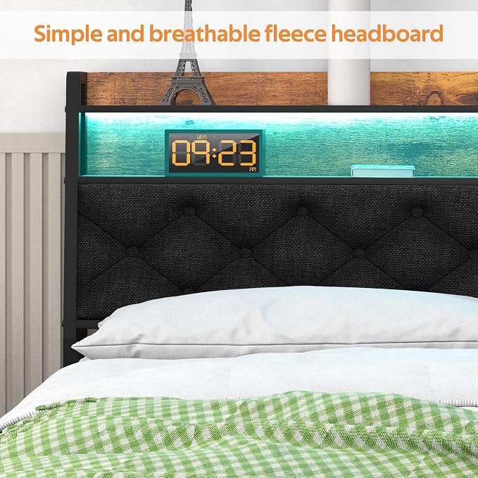 Winkalon Full Bed Frame with Ergonomic Headboard, Platform Bed Frame with RGB Lights, Outlets & Charger, Fast Assembly Bed Full Size, Modern Wood Upholstered Headboard,Gray