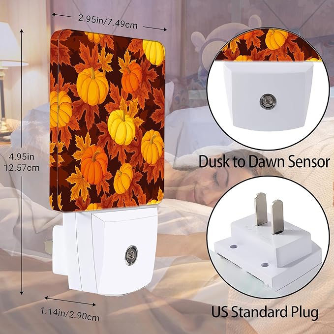 Autumn Pumpkins Leaves Night Light Plug in Wall Lamp Smart Dusk to Dawn Sensor for Home Decorative, Kids Room Bedroom Bathroom Kitchen Hallway Gifts