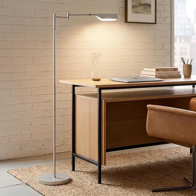 Brightech Leaf Pharmacy LED Reading Lamp, Dimmable Floor Lamp with Easy Adjustable Rotation Over Chair or Desk for Living Room, Work Light for Office, Modern Minimalist Home Decor - Platinum Silver