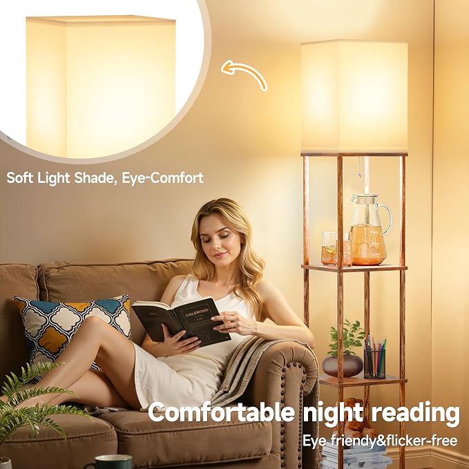 SHINE HAI Floor Lamp with Shelves, 3-Tier Square Modern Shelf Lamp | 3CCT Bright Bulb Included, Tall Standing Lamps for Living Room Bedroom Office