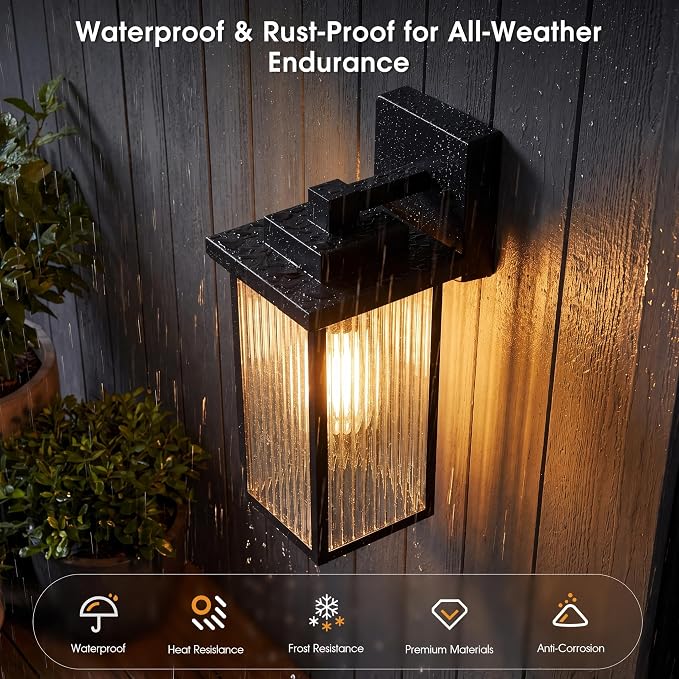 2-Pack 15-Inch Matte Black Outdoor Wall Light, All-Metal Frame | Textured Glass Softens Glare, Stays Bright. Waterproof Rust-Resistant Metal. Pre-Assembled DIY Install on Porch, Garage