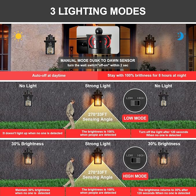 2 pack Porch Lights with GFCI Outlet,Dusk to Dawn Motion Sensor Outdoor Lights,3 Lighting Modes Black Front Door Lights,Waterproof Exterior Light Fixture,Outside Wall lamp for House Patio Garage