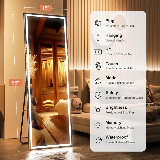 Full Length Mirror with Lights, 56" x 18" LED Lighted Floor Standing Body Mirror, Dimmable & 3 Color Lighting for Bedroom, Cloakroom, Dressing Room, Tempered Glass, Square Black