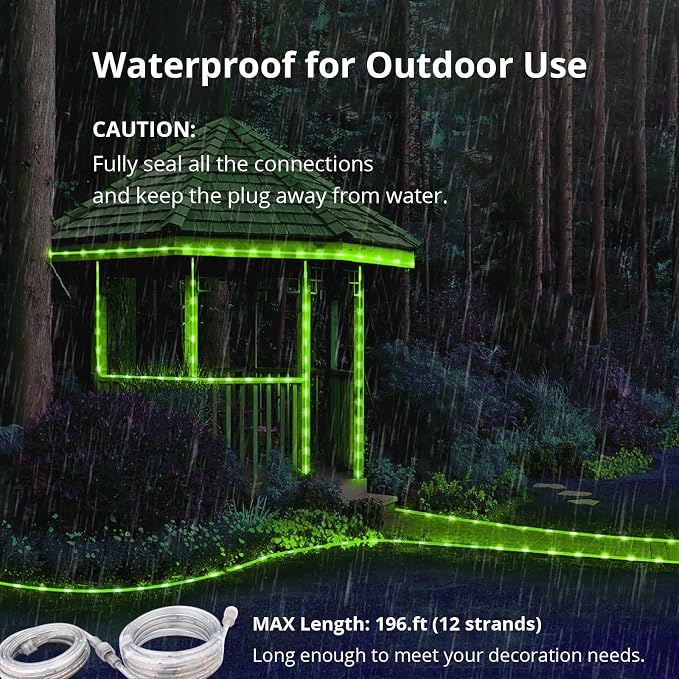 33ft Green LED Strip Light Waterproof | Flexible flat design. Connectable. 50,000hr lifespan. Ideal for home, garden, patio, party, Christmas decoration.