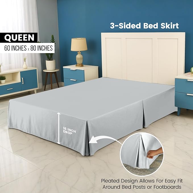 Queen Bed Skirt, Hides Under-Bed Storage 16 Inch Drop, Pleated, Light Grey | Easy Fit Design, Shrinkage & Fade Resistant, Hotel Style, Microfiber Durable Fabric, Machine Washable