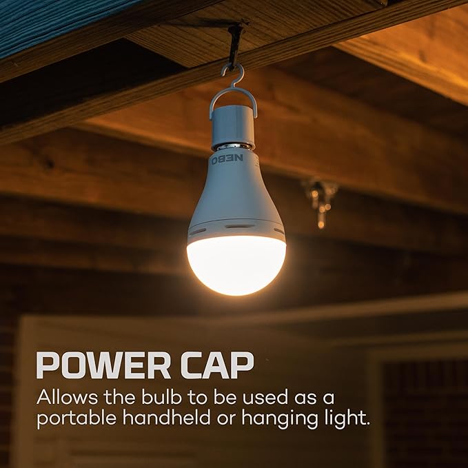 NEBO BLACKOUT BACKUP Emergency Bulb | 850 Lumens, 4 Light Modes, LED Rechargeable Light Bulb, Automatic Charging, Works Without Power, E26 Screw Base, Includes Power Cap & Portable Hanging Hook