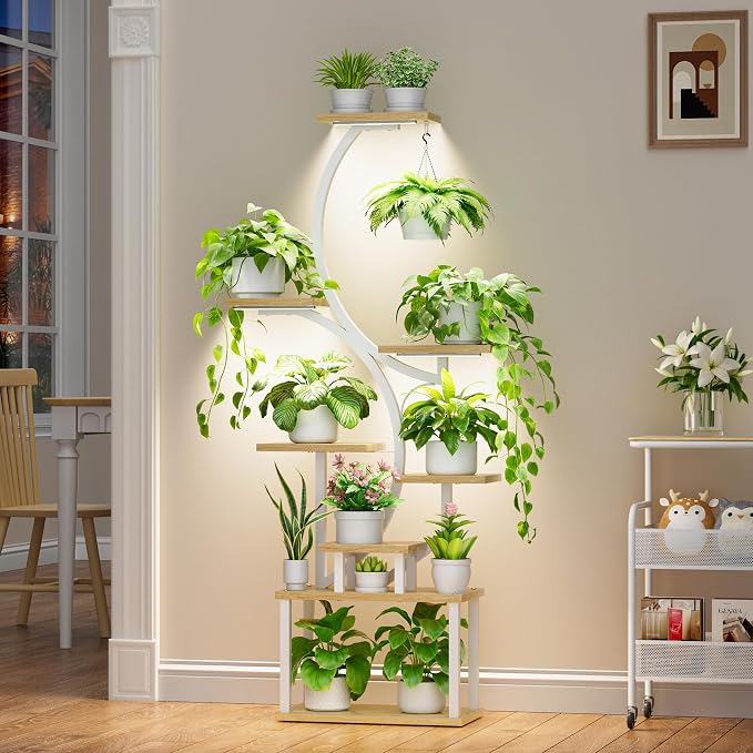 BACEKOLL Plant Stand Indoor with Grow Light, 8 Tier Corner Plant Shelf Tall | 62" Lighted Flower Holder for Plant Multiple, Space-Saving Beautiful Display Growing Rack for Home, Sturdy Metal, Natural