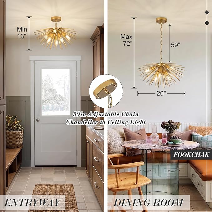 Gold Sputnik Ceiling Light Fixture 6-Light Starburst Chandelier Ceiling Light Mid-Century Modern Satellite Chandelier Solid Metal Urchin Chandeliers for Entry Dining Room Kitchen Sink