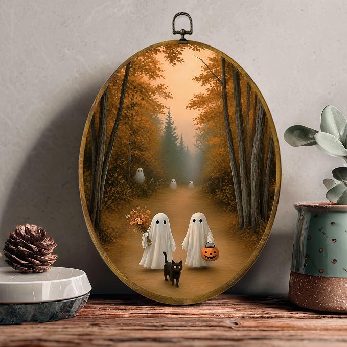 Ghost Forest Oval Wall Art, Framed Canvas Decor, 8.5x11.5 Inch | Cute ghosts, black cat, pumpkin bucket and autumn forest Halloween decor
