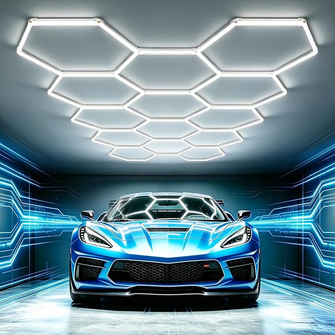 Bevenus Hexagon Garage Lights, 399W 6500K Super Bright LED Ceiling Light, Easy Install DIY Honeycomb Hex Light for Basement Workshop Warehouse Gym Car Detailing Shop (14 Grids)