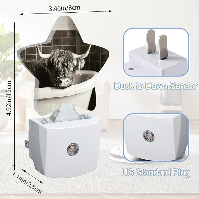 Highland Cow Nightlight,Rustic Retro Bathtub Star Night Lights Plug into Wall Decorations for Bedroom Bathroom,Dusk to Dawn Sensor Kitchen Hallway Stairs Energy Efficient Desk Lamp