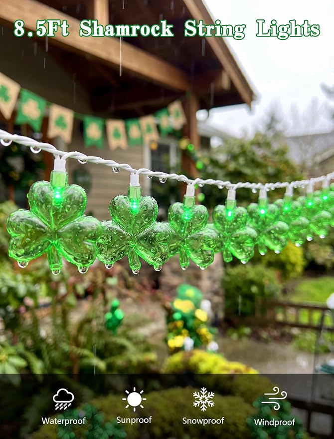 Shamrock String Lights, 8.5Ft St Patrick's Day Decorations with 10 3D Green Clover Lights, Plug in Clover Fairy String Lights for Party Bar Garden Bedroom Party Irish Holiday Decor