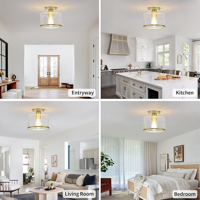 Zlepmlla Modern Flush Mount Ceiling Light, Seeded Glass Ceiling Light Fixture, Gold Light Fixture for Hallway, Bedroom, Entryway, Kitchen，Living Room