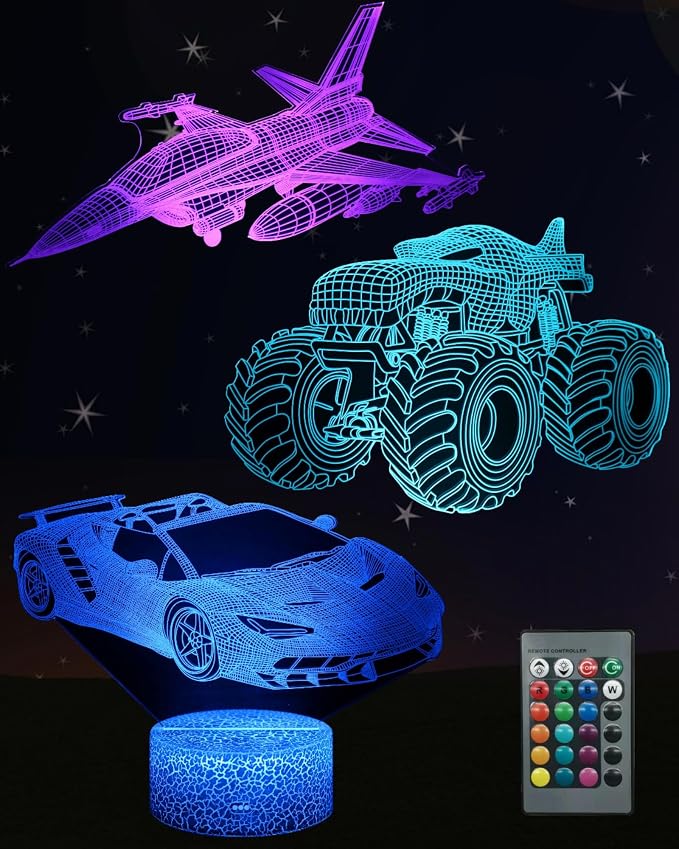 3D Illusion Kid Night Light, 3 Patterns, Car Monster Truck Plane | 16 Colors Changing, Dimmable, Touch & Remote Control, Boys Bedroom Room Décor Lamp, Christmas Birthday Toy Gift Toddler Teen