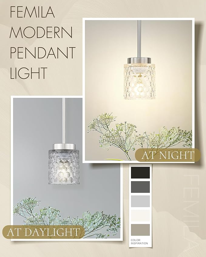 FEMILA Hammered Glass Pendant Lights, 4" Mini Pendant Lighting for Kitchen Island, Bedroom, Living Room, E26 Base, Brushed Nickel FIninsh, 4FY86MIL BN