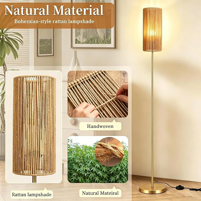 Ruiever Floor Lamp for Living Room,Farmhouse Floor lamp,Modern Standing lamp with Hand-Worked Rattan Shade (Straight Line Rattan Shade Gold Lamp- 3 Color Bulb)