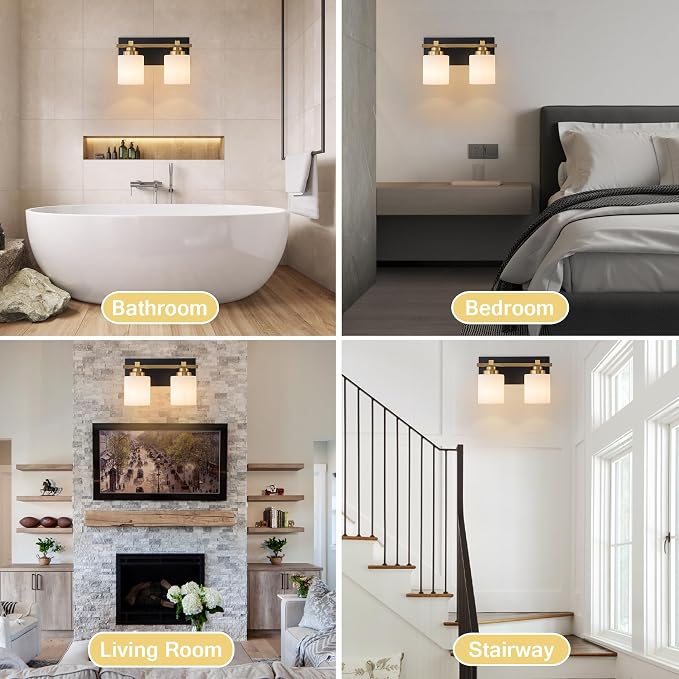Modern Bathroom Light Fixtures Over Mirror, Vanity Lights for Bathroom Wall Sconces with Milky White Glass Shades, E26 Socket (Bulbs Not Included), 2 Light, Black Gold
