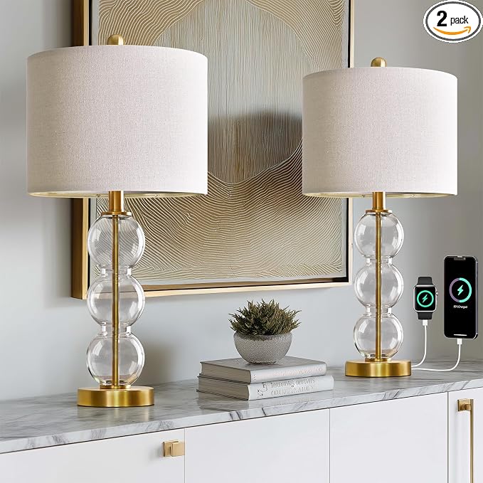 25" Glass Table Lamps Set of 2, Gold Modern Table Lamps with USB Ports for Living Room, Linen Shade Bedside Lamps for Bedroom, Nightstand, Side Table (Bulbs not Included)