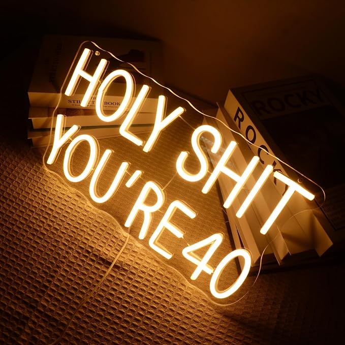 40th Birthday Neon Lights Holy Shit You're 40 LED Signs Forty years old for 40th Wedding Anniversary Party Decorations Warm LED Light for Wife, Mom, Daughter, Sister, Aunt
