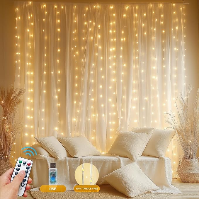 Fairy Curtain Lights Upgraded Tangle-Free Warm White USB Plug in 8 Modes String Hanging Lights with Remote for Christmas, Bedroom, Indoor, Outdoor, Weddings, Party (6.6FTx6.6FT)