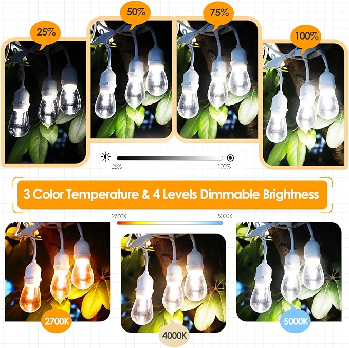 3 Colors 48FT Outdoor String Lights with Remote, 3 Modes, White | Plug in, Jump/Fade/Static Modes, 2700K/4000K/5000K, 15 S14 Bulbs, Waterproof, Dimmable, for Wedding Birthday Party Decor