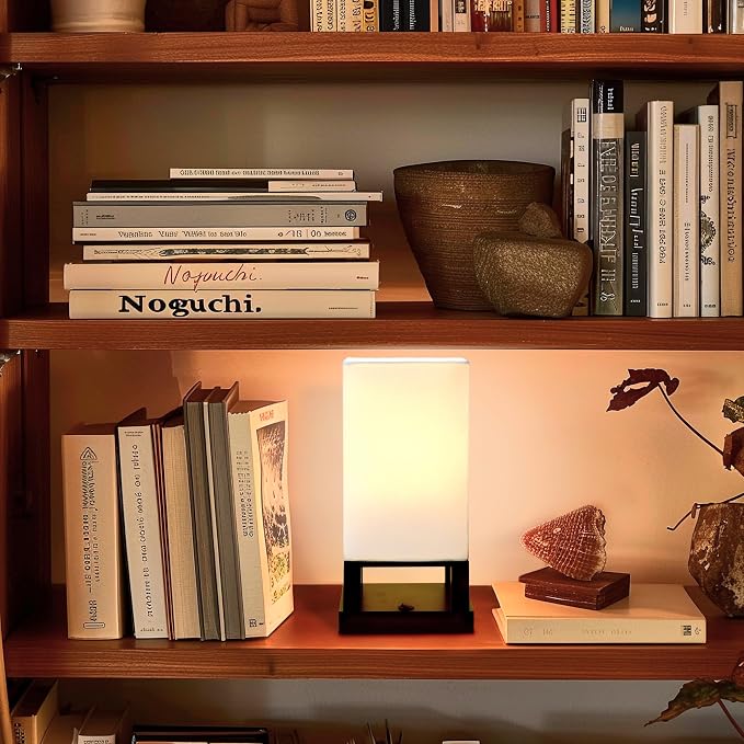 Brightech Maxwell Bedside Lamp with USB Port – Compact Table Lamp for Bedroom, Living Room - Modern Asian Nightstand Lamp with Wood Frame - LED Bulb, Soft Light - Black