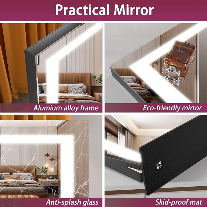 Hasipu Vanity Mirror with Lights, 24.2" x 19.7" LED Makeup Mirror, Light up Mirror with 10X Magnification, Smart Touch 3 Colors Dimmable, Brightness Adjustment, 360° Rotation (Right Angle Black)
