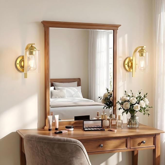 2-Pack Wall Sconces Lights Lamp for Bedroom Bathroom, Modern Vanity Light Fixtures, Gold Farmhouse Wall Mount Lighting Lanterns with Clear Glass Shade for Living Room Mirror Hallway Kitchen