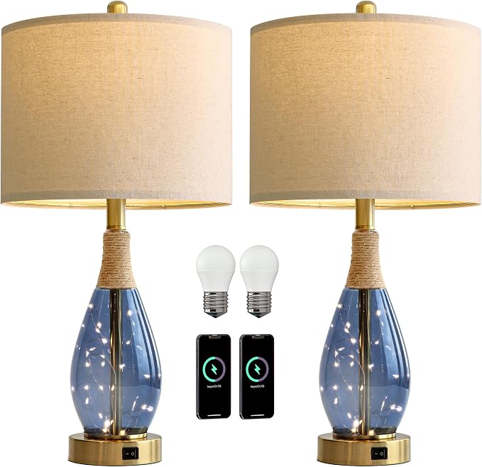 23" Table Lamps for Living Room Set of 2 Bedside Lamps for Night Stands Bedroom Lamps Farmhouse Rattan Boho Lamp Glass Nightlight End Table Lamp with USB C+A (Blue),Two Light Points
