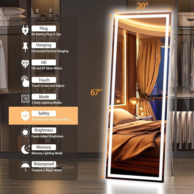 Hasipu Full Length Mirror with Lights, 67" x 20" LED Lighted Floor Standing, Full Body Dressing Hanging Mounted Mirror, Tempered Glass, Square Black