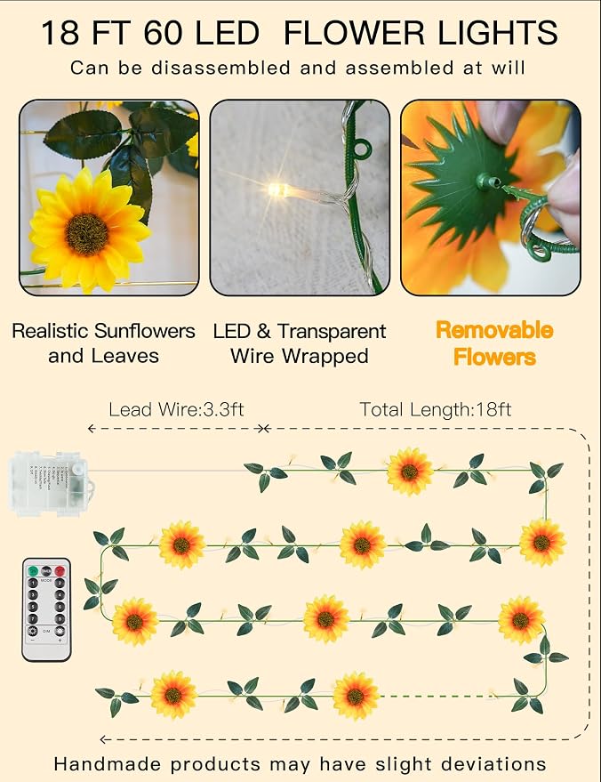Sunflower Garland with 60LED Fairy Light Battery Operated Clear Wire | Vines with String Lights,with Remote,Flower Hanging Lights for Indoor,Outdoor,Bedroom,Wedding,Wall,Party (Warm White)
