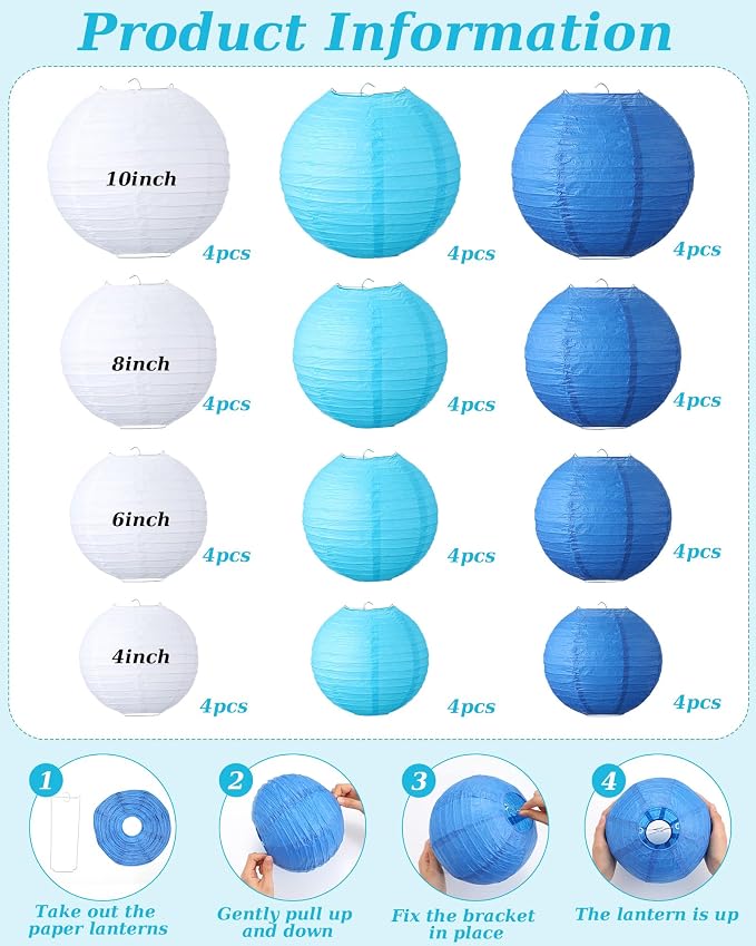 Treela 48 Pcs Paper Lanterns Party Decorations Round,Blue,White | Chinese Hanging Lamps, Wedding, Party Supplies, Birthday Bridal, 4/6/8/10 Inch, Easy Setup, Asian Decor, Festive Atmosphere