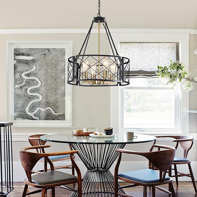 20'' Farmhouse Chandelier, 4-Light Black and Gold Dining Room Light Fixture Over Table, Rustic Industrial Drum Hanging Pendant Lights Fixture for Kitchen Island Living Room Bedroom Hallway Entryway