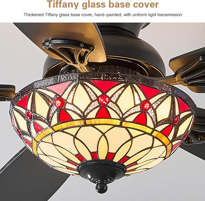 Tiffany Ceiling Fans with Lights-48"Ceiling Fan Chandelier and Glass Shade | 48" Ceiling Fan Chandelier with 5 Dual-Blades and Glass Shade, 6 Speeds and Reversible, Indoor and Outdoor, Retro Style