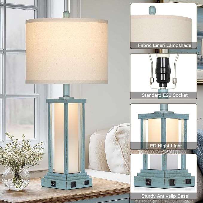 27" Tall Vintage Table Lamp Set of 2 with USB C+A & Outlet,Nightstand Lamp for Living Room,Coastal Bedside Lamps with Frosted Glass Night Light for Bedroom Entryway,Blue