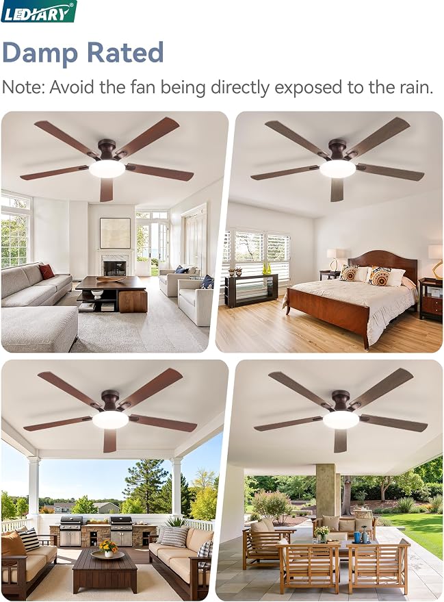 LEDIARY 60 Inch Flush Mount Ceiling Fans with Lights, Remote & APP Control | 3CCT,Stepless Dimmable,Memory Function,Timer,6-speed,Reversible Blade, Quiet DC Motor, Damp-Rated, Living Room, Covered Patio