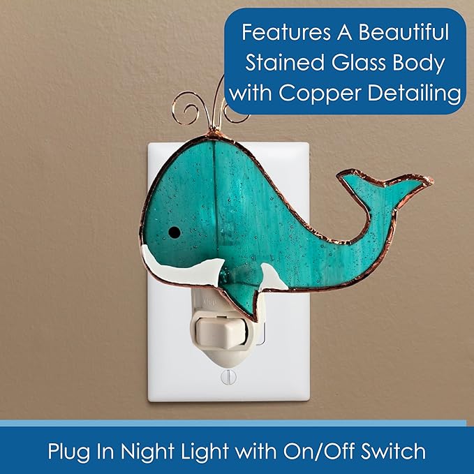 Gift Essentials Blue Whale Plug in Night Light - Stained Glass Nightlight with On/Off Rocker Switch - Includes One 4 Watt Replaceable Incandescent Warm Glow Bulb