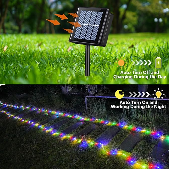 YEGUO Solar Rope Lights Outdoor Waterproof, 2 Packs Each 33ft 100 LED String Lights, 8 Modes Fairy Lights in Clear Thin Tube for Camping Fence Patio Garden Trampoline Deck(Multicolor)
