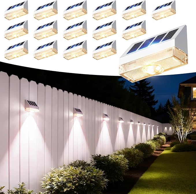 VOLISUN Solar Fence Lights Outdoor Waterproof 16 Pack, High Brightness LED Spot Lens Deck Lights, Fence Lights Solar Powered White, Solar Powered Wall Lighting Decor for Outside Backyard Railing Pool