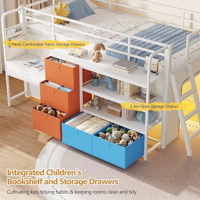 DICTAC Low Loft Bed with Desk and 6 Storage Drawers Twin Loft Bed with Bookshelf,LED Lights & Under-Bed Play Space,Kids Twin Beds with 13.8''H Safety Guardrail,Inclined Ladder & Play Curtain,Colorful