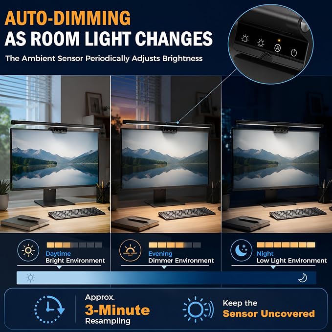 Monitor Light Bar 15.8", No-Glare Asymmetric Desk Screen Lamp | Auto-Dimming USB Reading Lamps, CRI Ra97, 2700K-6500K & Stepless Dimming, Touch Control, 5V/2A Adapter for Home Office