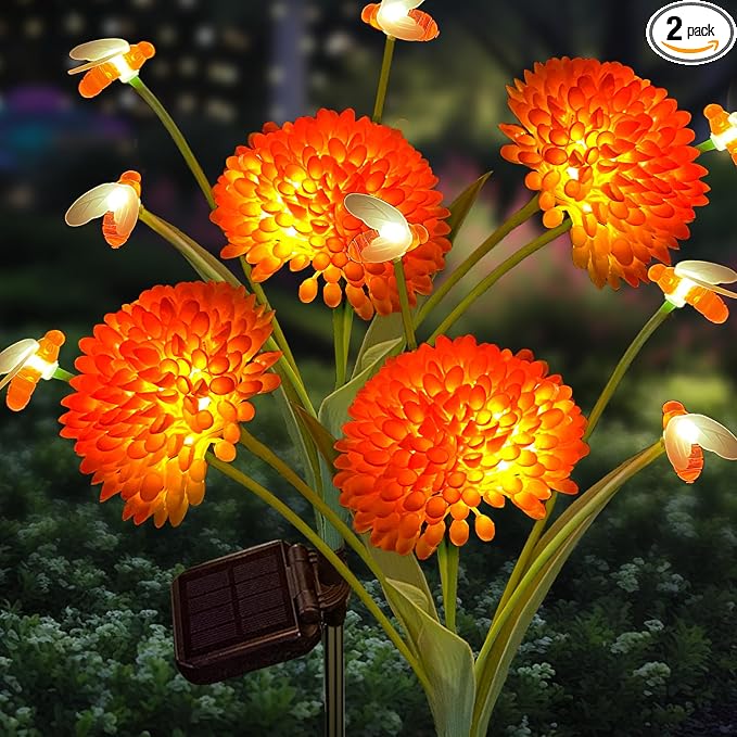 Solar Garden Lights, 2 Pack Solar Swaying Bee Lights with Flowers, Waterproof Firefly Light Outdoor for Garden Patio Yard Pathway Fall Decoration, Gifts for Women Mother's Day