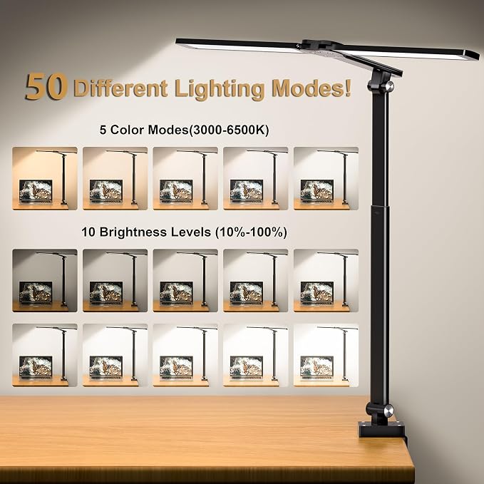 LED Desk Lamp for Office Home, Architect Desk Light with Clamp, Black | Height Adjustable Eye Caring Stepless Dimming Desk Lamp for Reading, Study, Workbench, 50 Lighting Models