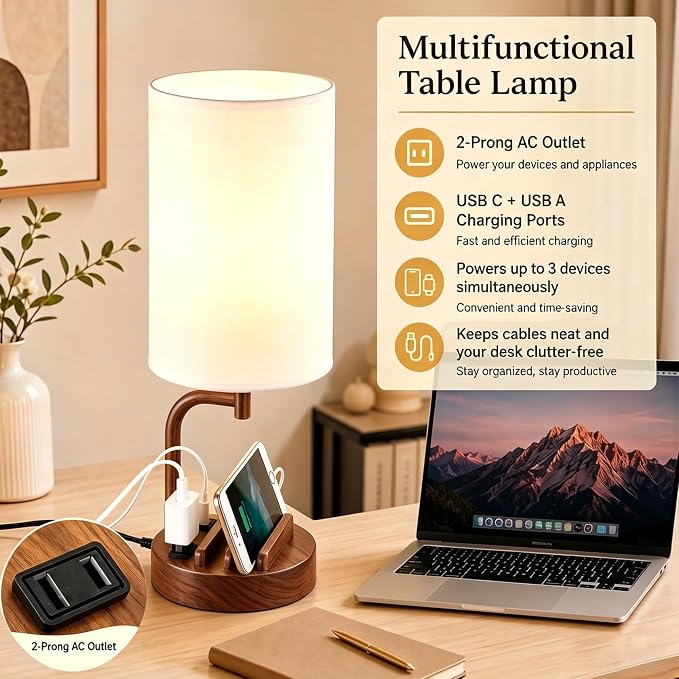 Dreamholder Touch Control USB Table Lamp with USB C/A & AC Outlet, 3-Way Dimmable Bedside Lamp, Modern Nightstand Lamps for Bedroom Living Room Guest Room Office, Bulb Included, Walnut