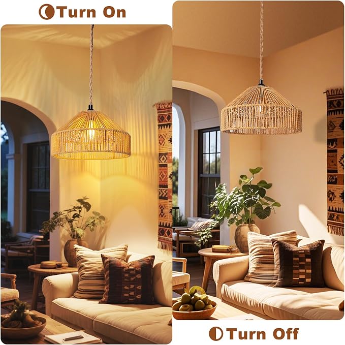 Maliralt Hanging Lamps Rattan Pendant Light Hanging Lights 16.4ft Plug in Cord Pendant Light Fixture Plug Into Wall Outlet Pendant Lighting with On Off Switch for Bedroom Living (Mongolian Yurt)