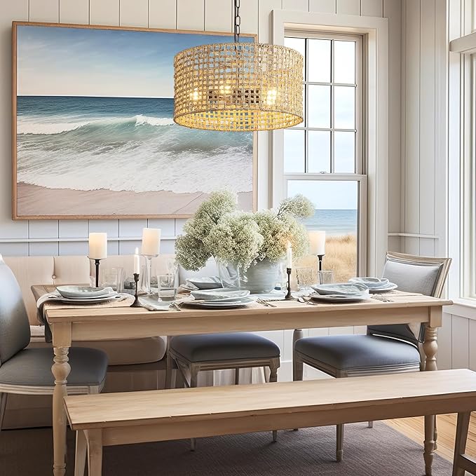 17.7" Rattan Dining Room Light fixtures, 5-Light Hand Woven Pendant Lights Kitchen Island Rattan Boho Chandelier Bohemian Hanging Ceiling Lights Wicker Lighting for Restaurants Living Room
