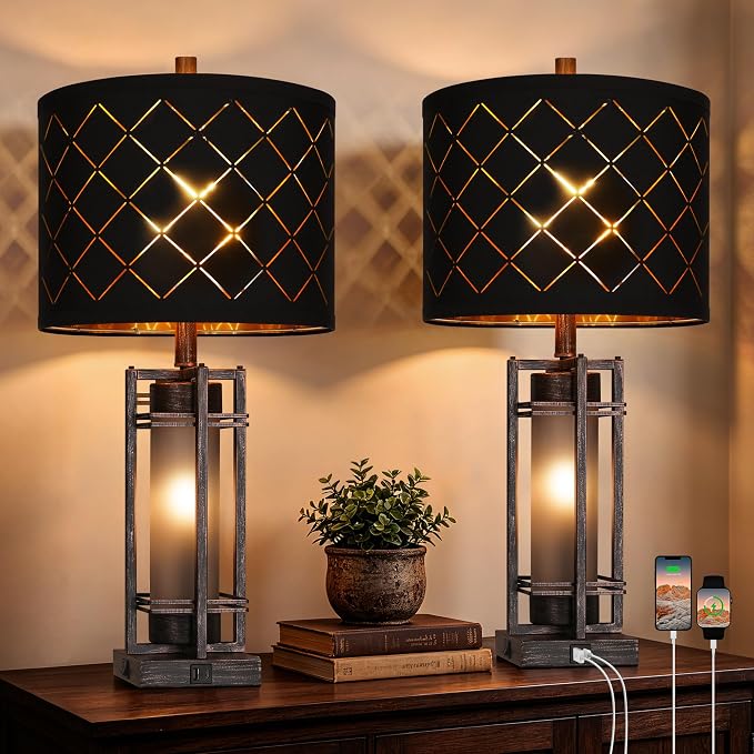WIHTU 27'' Modern Table Lamp with Nightlight, Metal Bedside Lamps,Black ORB | Black Grid Shade, Square Base, LED Bulbs Included E26 Base, with USB Port, Rocker Switch, Desk Lamps for Living Room, Bedroom